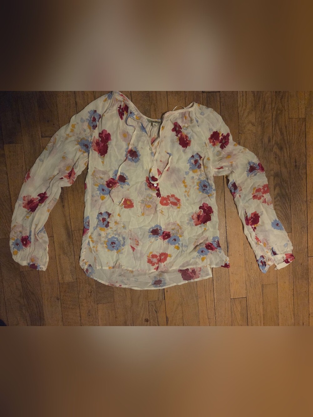 Lucky Brand Cream Sheer Floral Tie-Neck Blouse with Pink, Blue & Yellow Flowers
